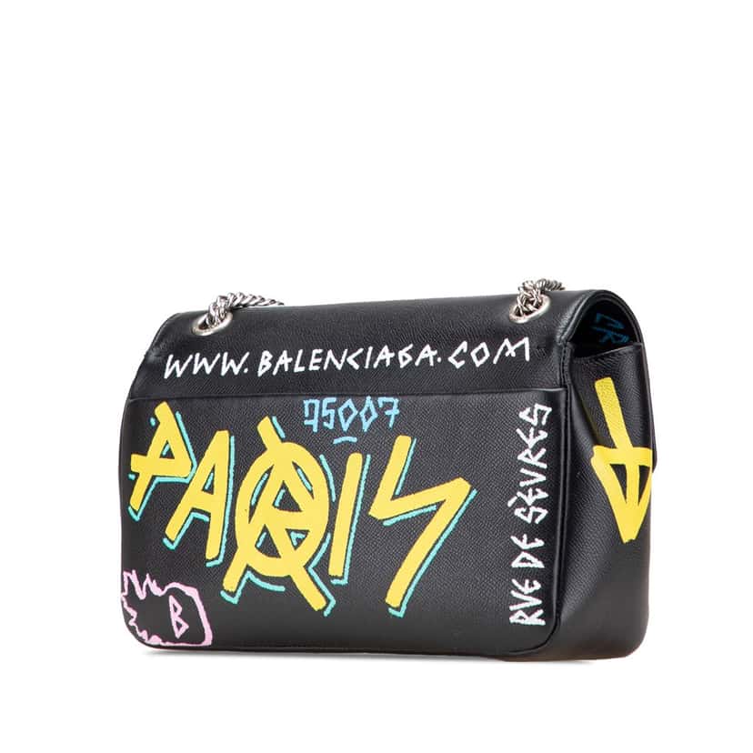 Balenciaga M Grained Calfskin Graffiti BB Round Crossbody Black Leather Good condition - Back View