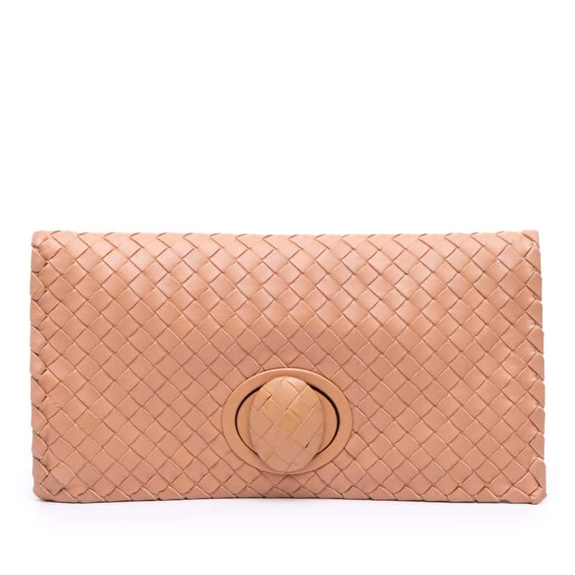 Bottega Veneta Nappa Intrecciato Turn Lock Clutch Brown Leather Good condition - Front View