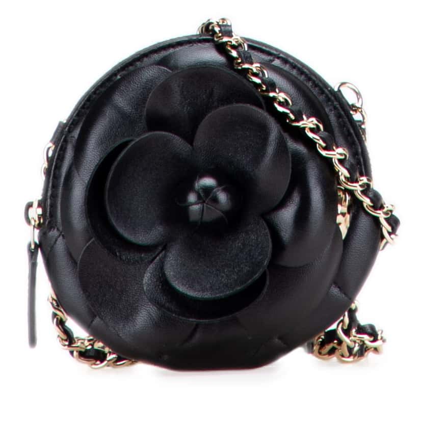 Chanel Mini CC Lambskin Camellia Bouquet Round Clutch on Chain Black Leather Good condition - Front View