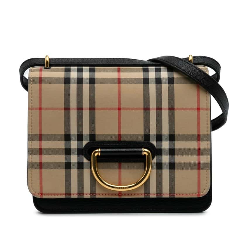 Burberry Small Goatskin Trimmed House Check Canvas D Ring Crossbody Brown Canvas Good condition - Front View