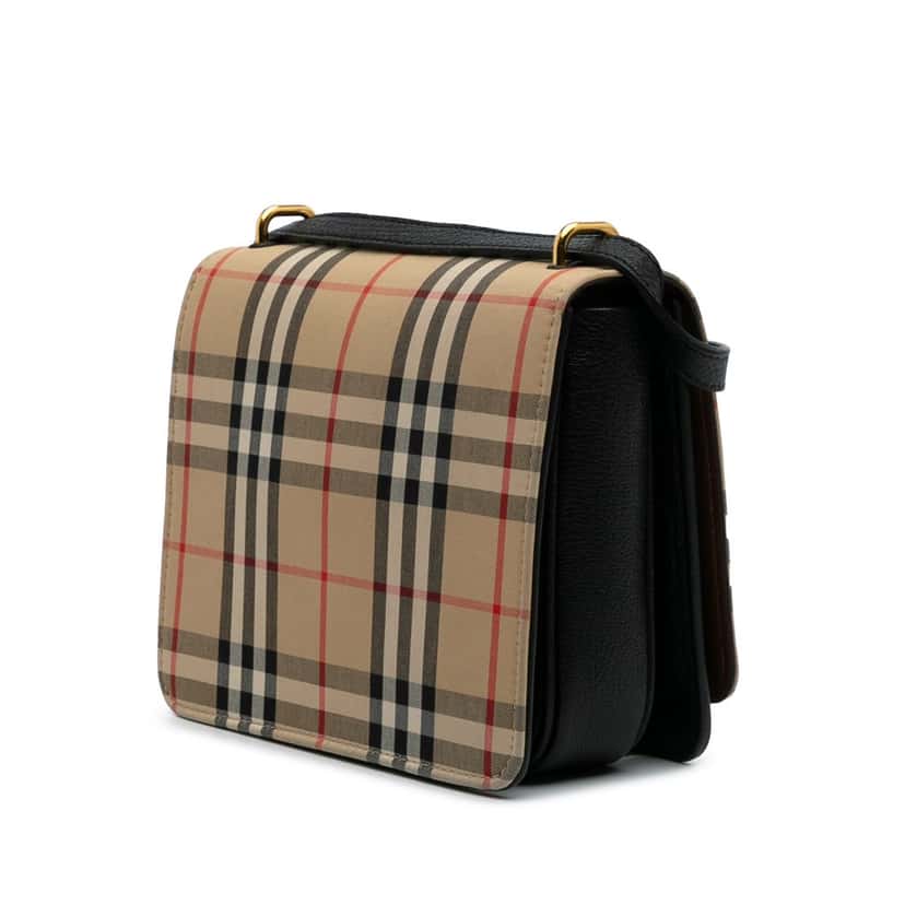 Burberry Small Goatskin Trimmed House Check Canvas D Ring Crossbody Brown Canvas Good condition - Back View