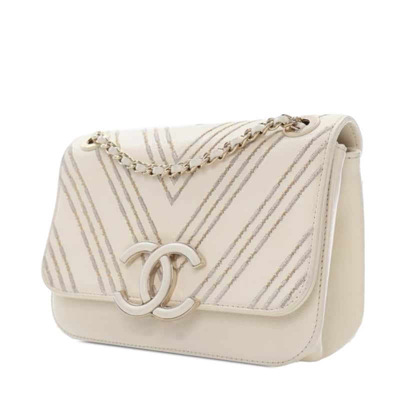 Chanel Small Chevron Sheepskin CC Subtle Flap White Leather Good condition - Inside View