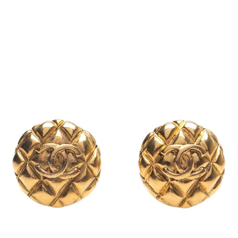 Chanel CC Gold Plated Quilted Round Clip On Earrings Gold Metal Good condition - Front View