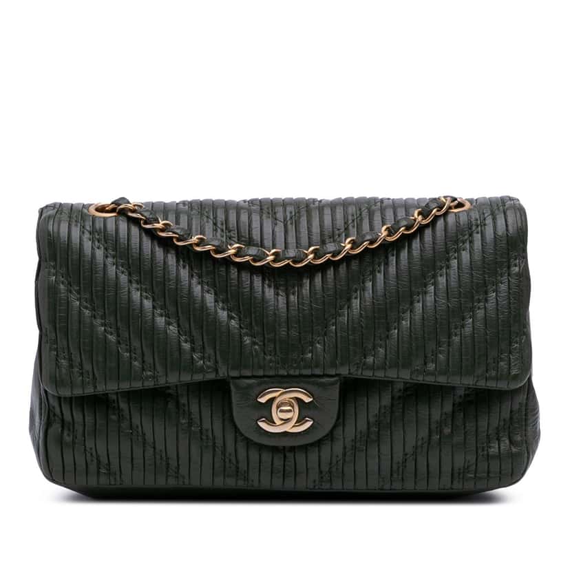 Chanel Medium Chevron Calfskin Coco Pleats Double Flap Green Leather Good condition - Front View