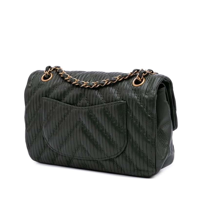 Chanel Medium Chevron Calfskin Coco Pleats Double Flap Green Leather Good condition - Back View