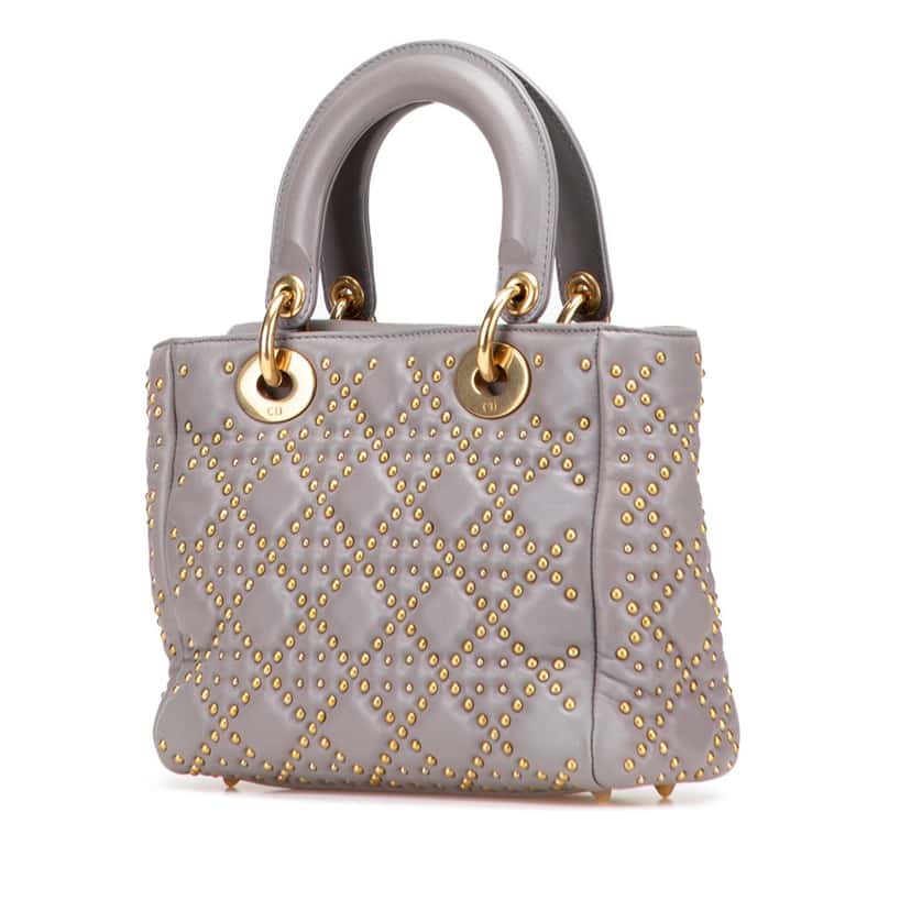 Dior Small Lambskin Cannage Studded Supple Lady Dior Grey Leather Good condition - Back View