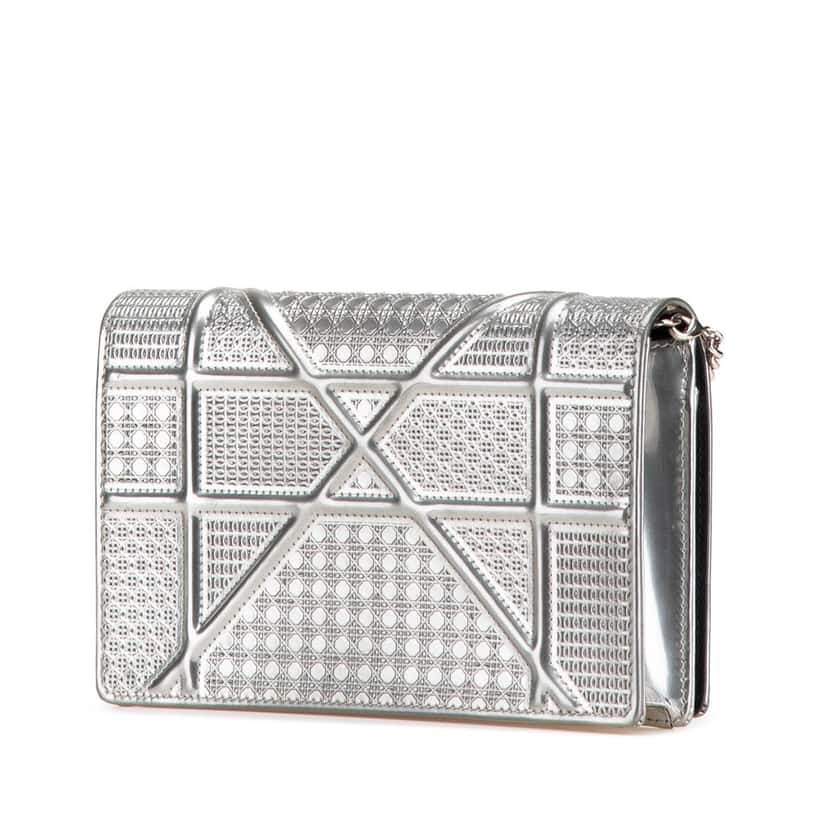 Dior Metallic Patent Microcannage Diorama Wallet on Chain Silver Leather Good condition - Back View