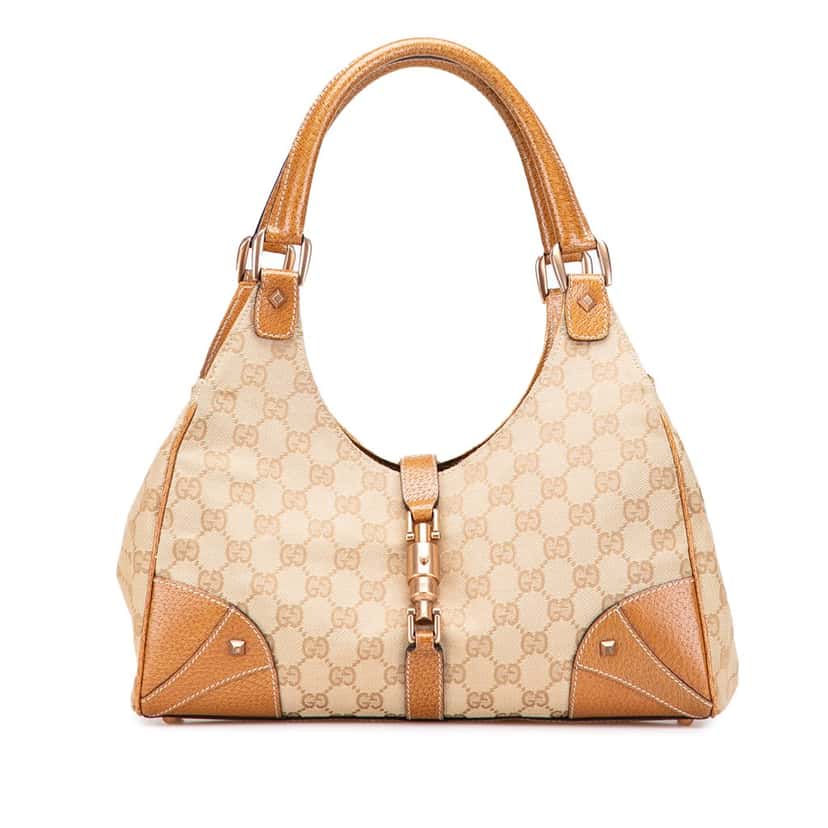 Gucci GG Canvas Nailhead Jackie Bardot Handbag Brown Canvas Good condition - Front View