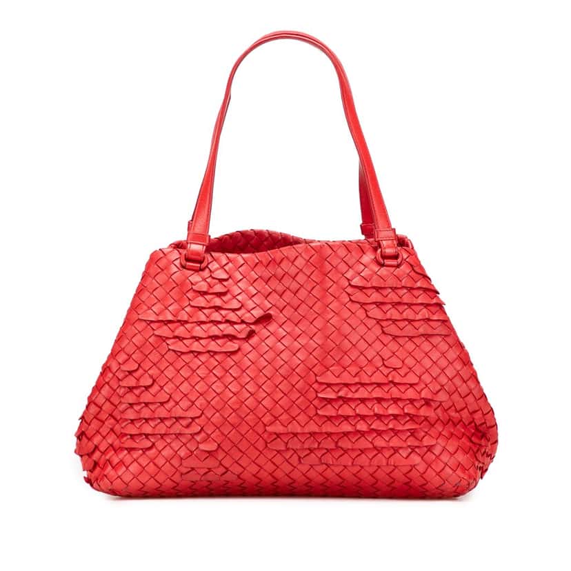 Bottega Veneta Nappa Intrecciato Ruffle Tote Red Leather Good condition - Front View