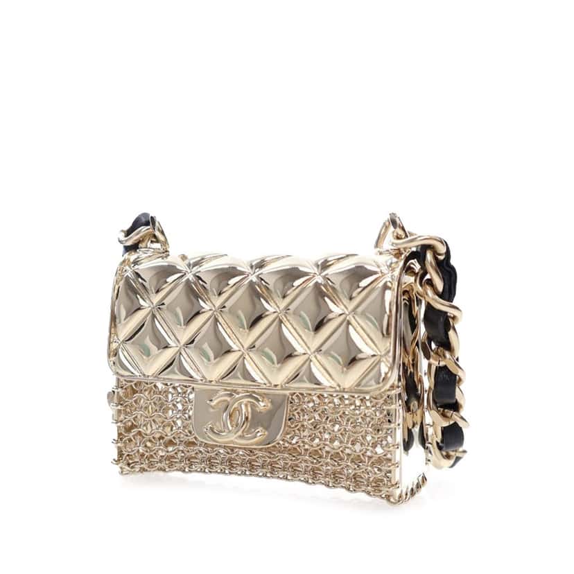 Chanel Gold Plated Lambskin Micro Flap Bag Pendant Necklace Gold Metal Very good condition - Inside View