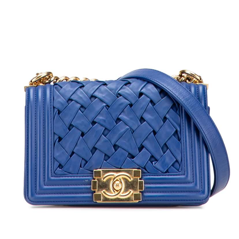 Chanel Small Woven Lambskin Chateau Boy Flap Blue Leather Good condition - Front View