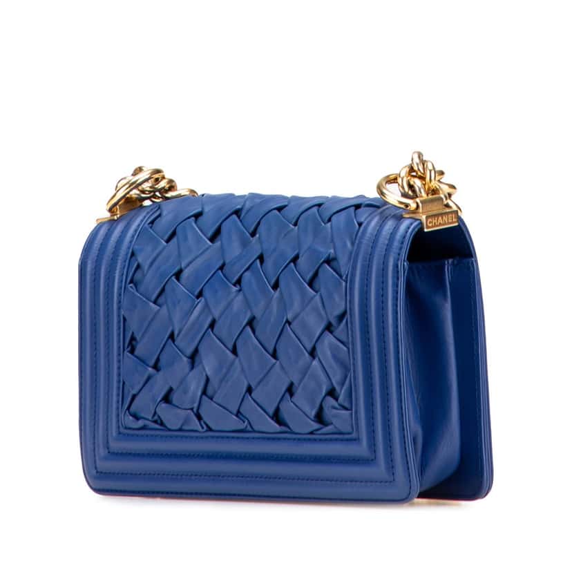Chanel Small Woven Lambskin Chateau Boy Flap Blue Leather Good condition - Back View