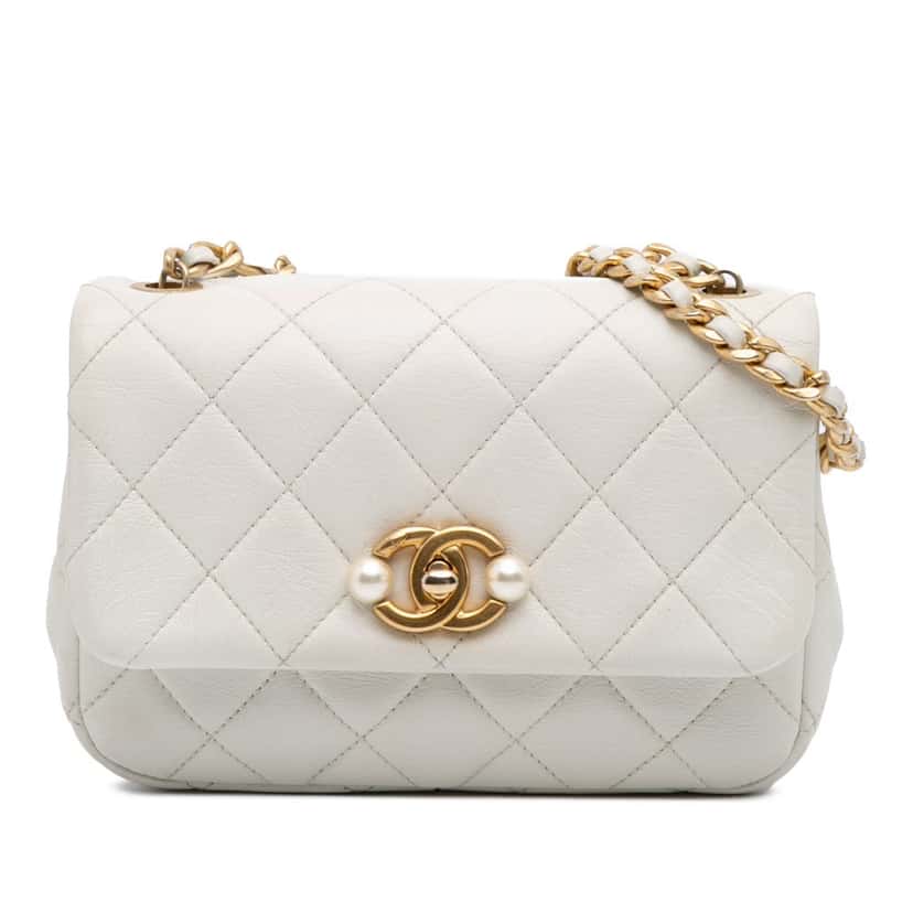 Chanel Mini Glazed Calfskin Pearl Side Flap White Leather Good condition - Front View