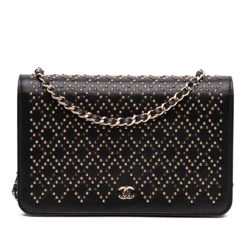 Chanel CC Studded Lambskin Wallet on Chain Black Leather Good condition - Front View