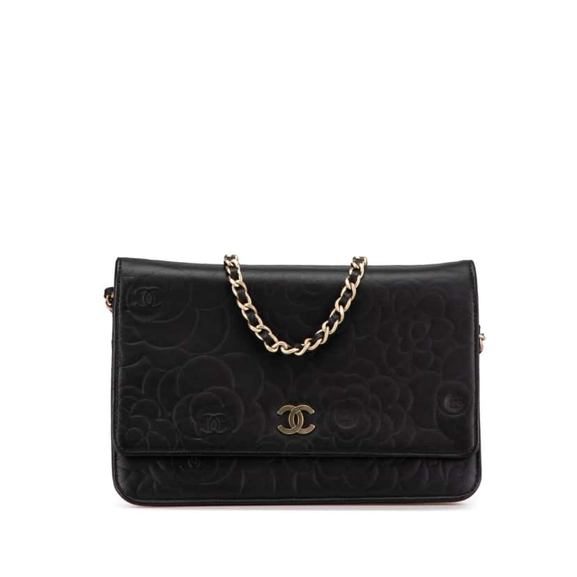Chanel Lambskin Camellia Embossed Wallet On Chain Black Leather Good condition - Front View