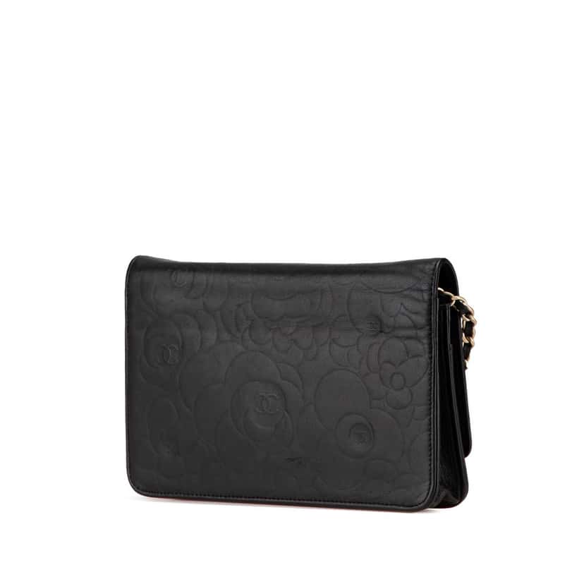 Chanel Lambskin Camellia Embossed Wallet On Chain Black Leather Good condition - Back View