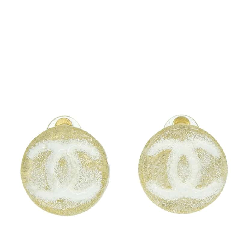 Chanel CC Resin and Gold Plated Button Clip On Earrings White Good condition - Front View