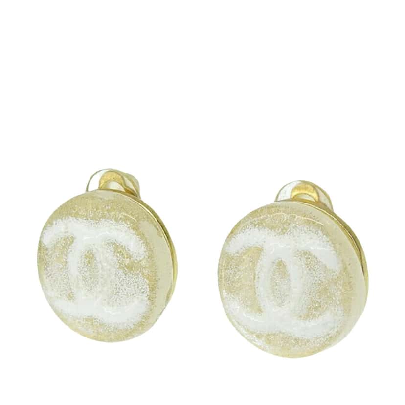 Chanel CC Resin and Gold Plated Button Clip On Earrings White Good condition - Back View