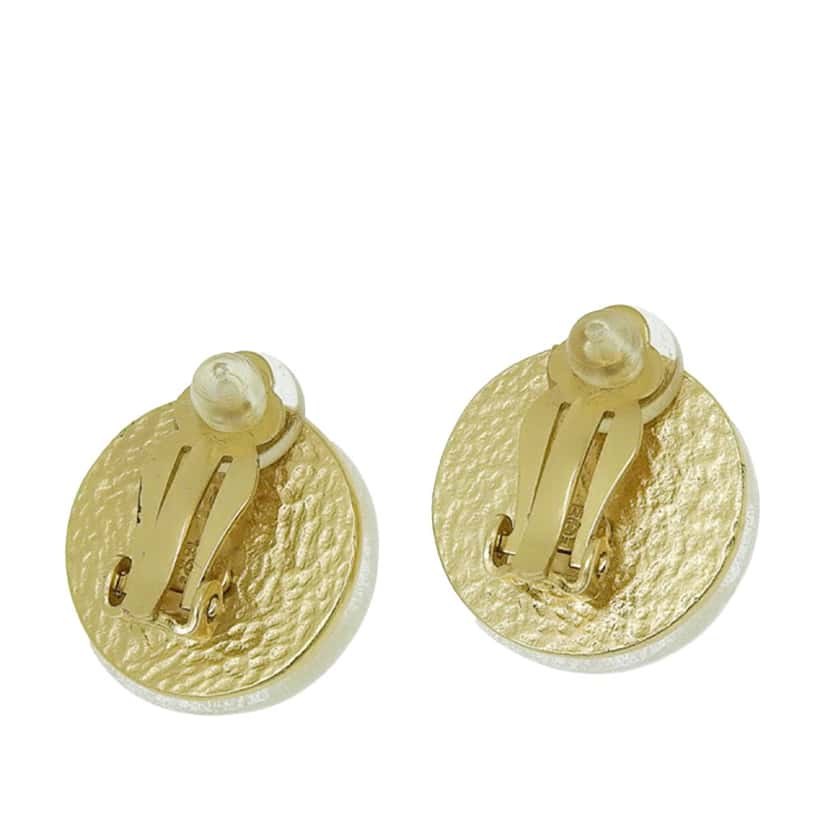 Chanel CC Resin and Gold Plated Button Clip On Earrings White Good condition - Inside View