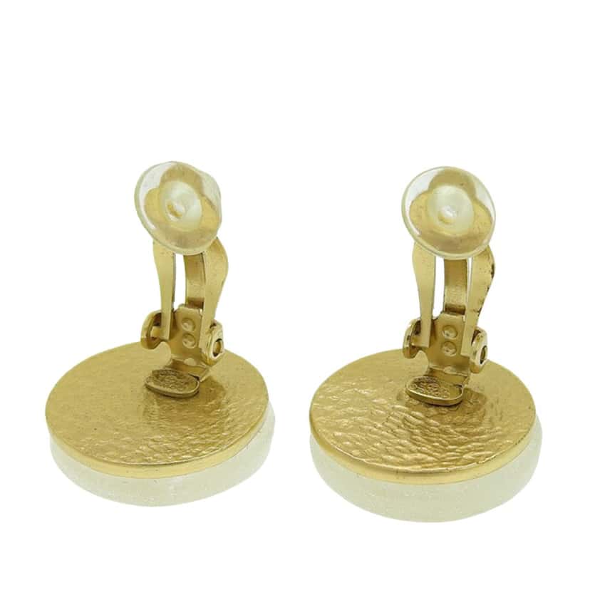 Chanel CC Resin and Gold Plated Button Clip On Earrings White Good condition - Box View