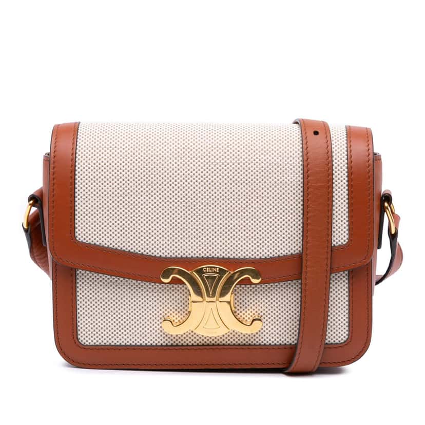 Celine Teen Canvas and Calfskin Triomphe Crossbody Brown Canvas Good condition - Front View