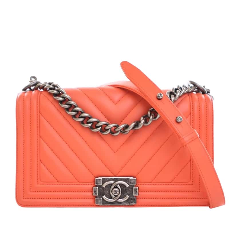 Chanel Old Medium Chevron Lambskin Boy Flap Orange Leather Good condition - Front View