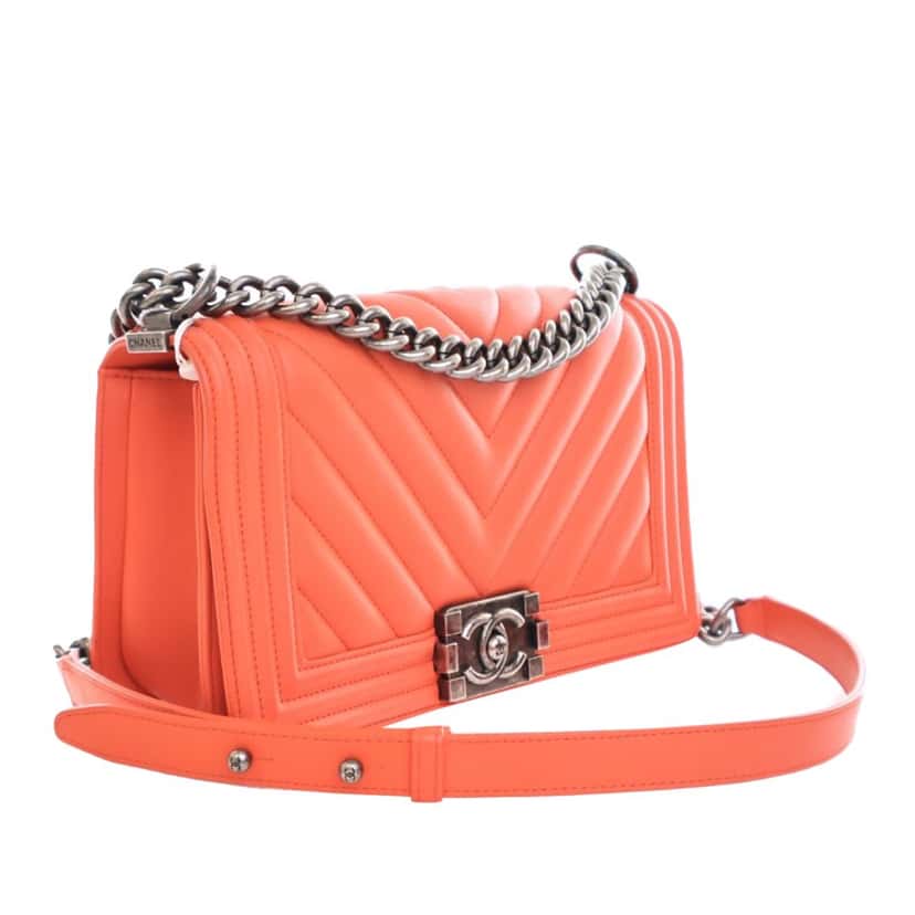 Chanel Old Medium Chevron Lambskin Boy Flap Orange Leather Good condition - Back View