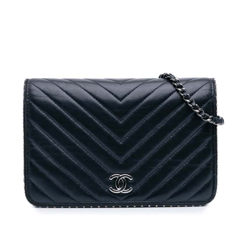 Chanel Chevron Lambskin Studded Wallet On Chain Blue Leather Good condition - Front View