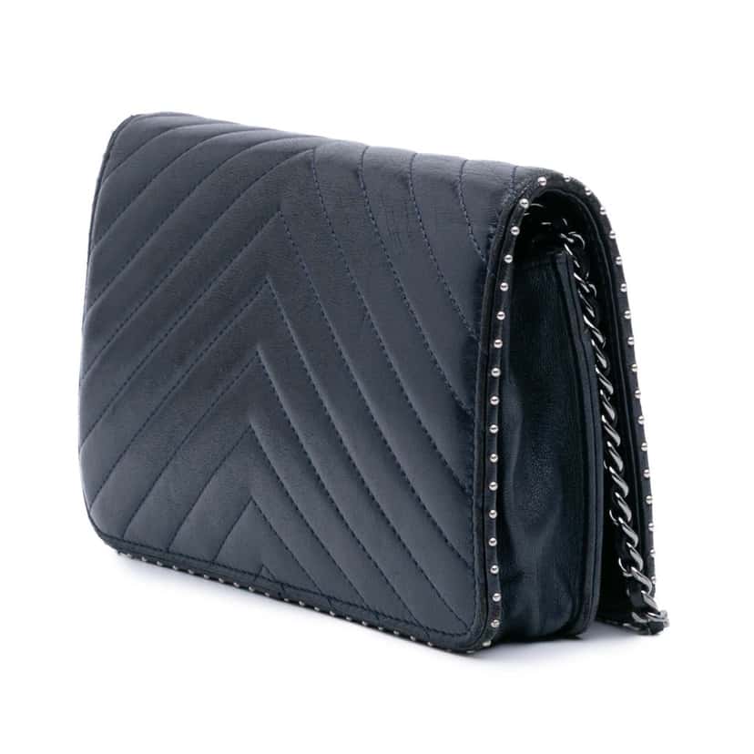 Chanel Chevron Lambskin Studded Wallet On Chain Blue Leather Good condition - Back View
