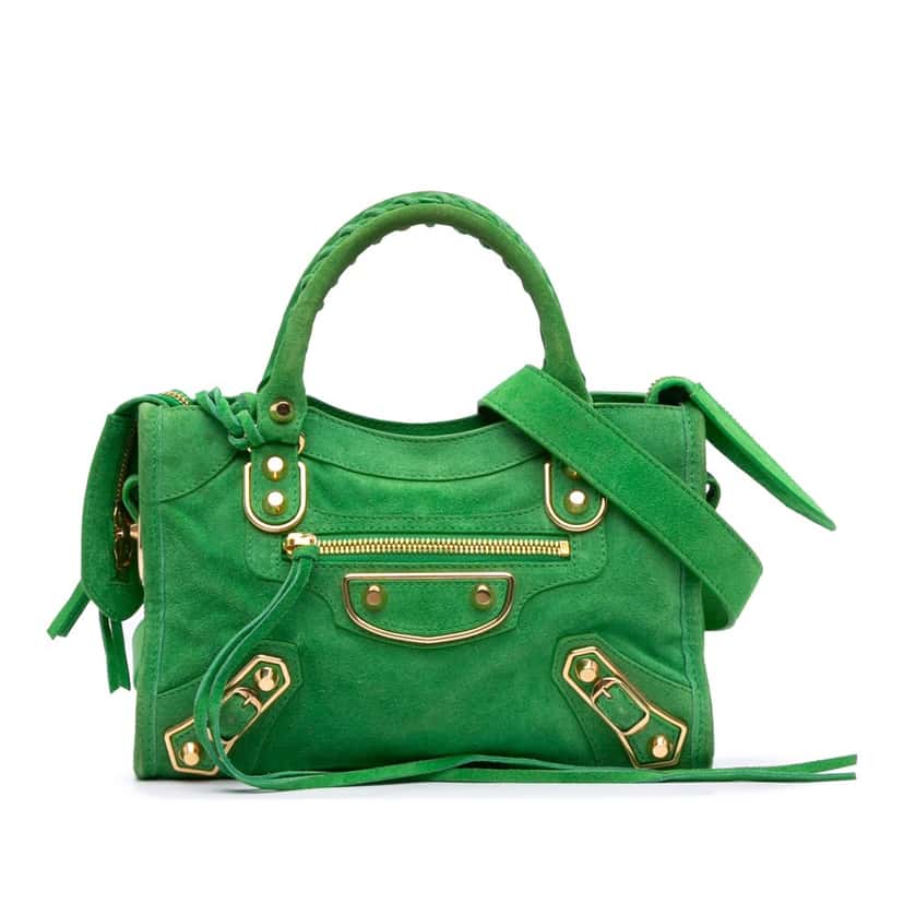 Balenciaga Mini Suede Motocross Classic Metallic Edge City Satchel Green Leather Good condition - Front View