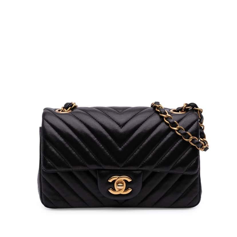 Chanel Mini Rectangular Classic Chevron Lambskin Single Flap Black Leather Good condition - Front View