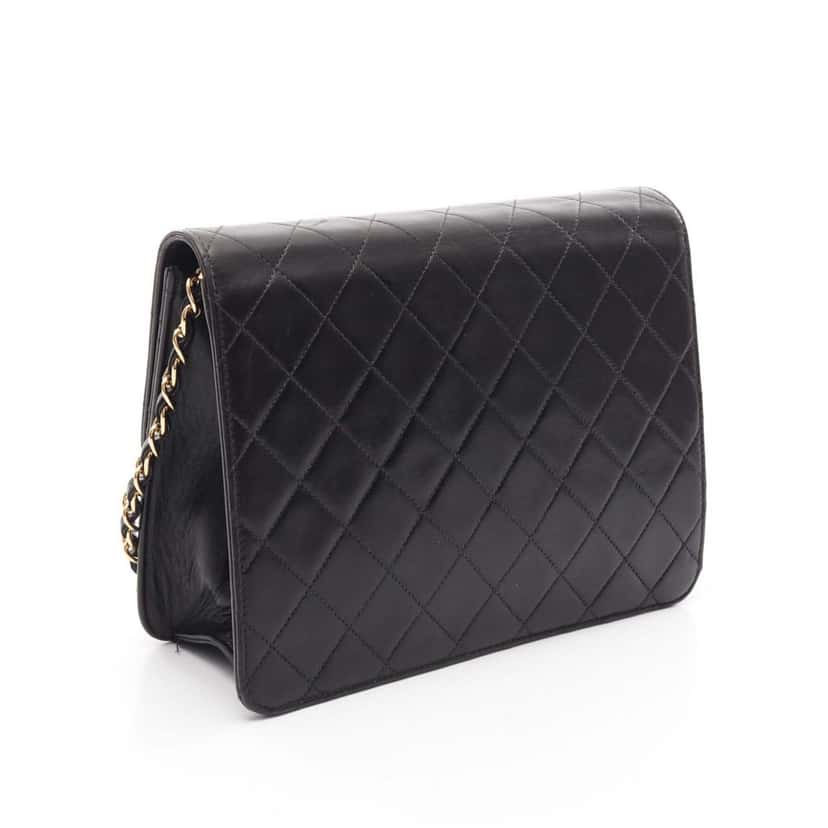 Chanel CC Quilted Lambskin Chain Single Flap Black Leather Good condition - Back View