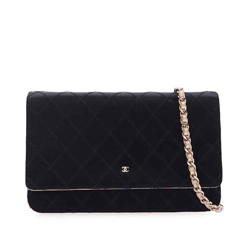 Chanel Bicolor Satin Diamond Stitch Wallet On Chain Black Satin Good condition - Front View