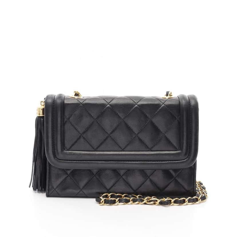 Chanel Quilted Lambskin Tassel Flap Black Leather Good condition - Front View