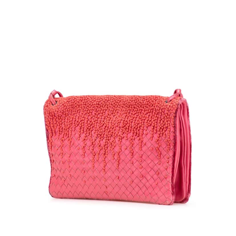 Bottega Veneta Nappa Intrecciato Embroidered Fold Over Crossbody Pink Leather Good condition - Back View
