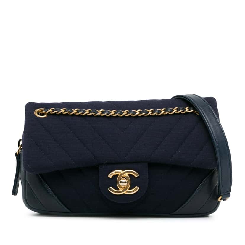 Chanel CC Chevron Jersey Flap Blue Cotton Good condition - Front View