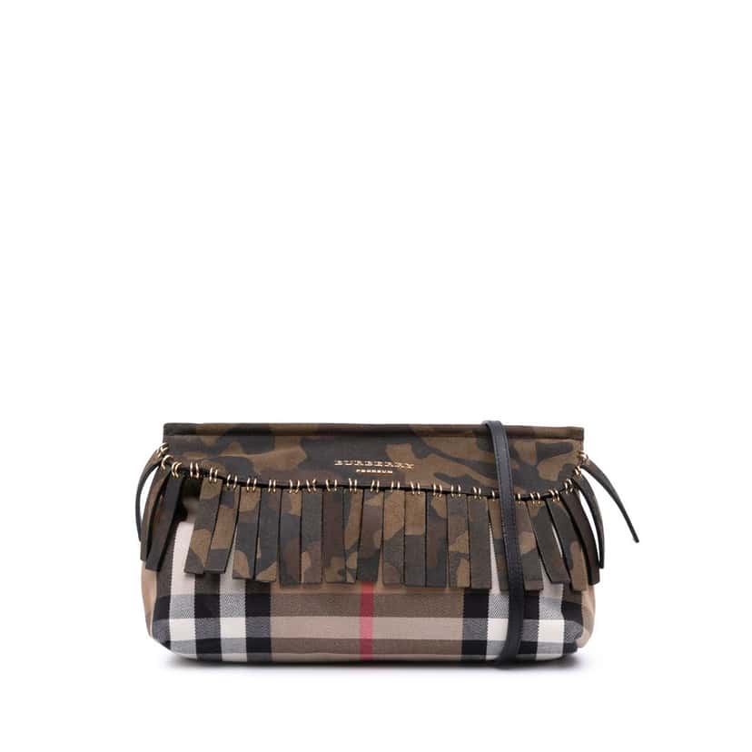 Burberry House Check Canvas and Suede Camouflage Fringe Clutch with Strap Brown Canvas Good condition - Front View