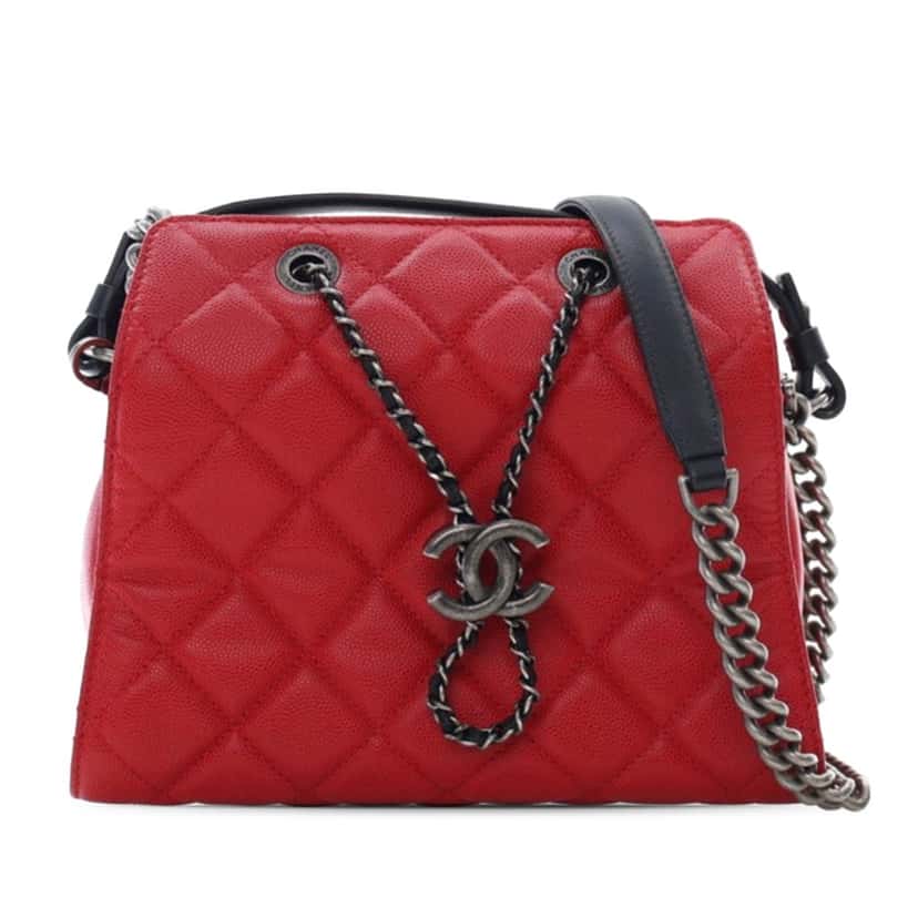 Chanel Small CC Bicolor Quilted Caviar Bucket Bag Red Leather Good condition - Front View