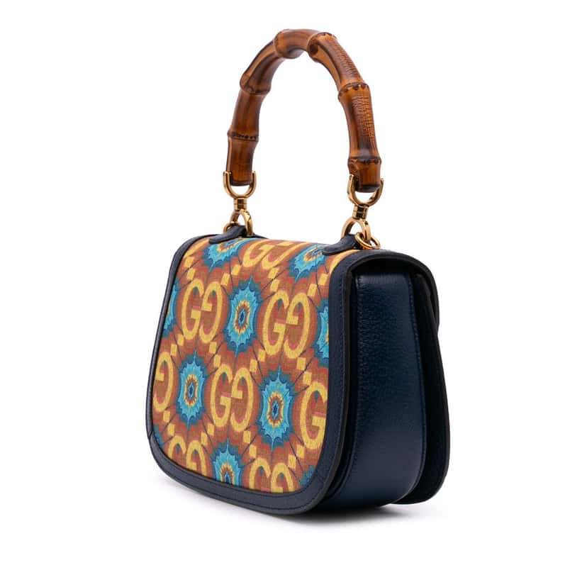 Gucci 100th Anniversary Medium GG Coated Canvas Kaleidoscope 1947 Bamboo Top Handle Bag Blue Canvas Good condition - Back View