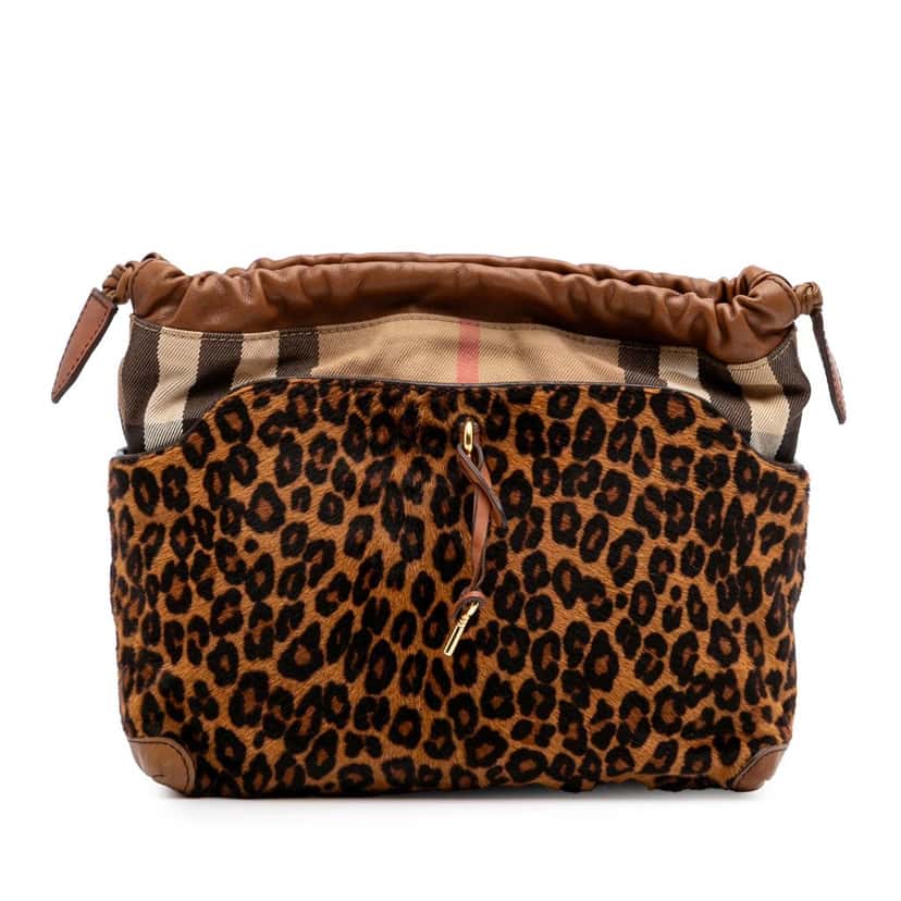 Burberry Leopard Print Pony Hair and House Check Canvas Little Crush Crossbody Brown Good condition - Front View