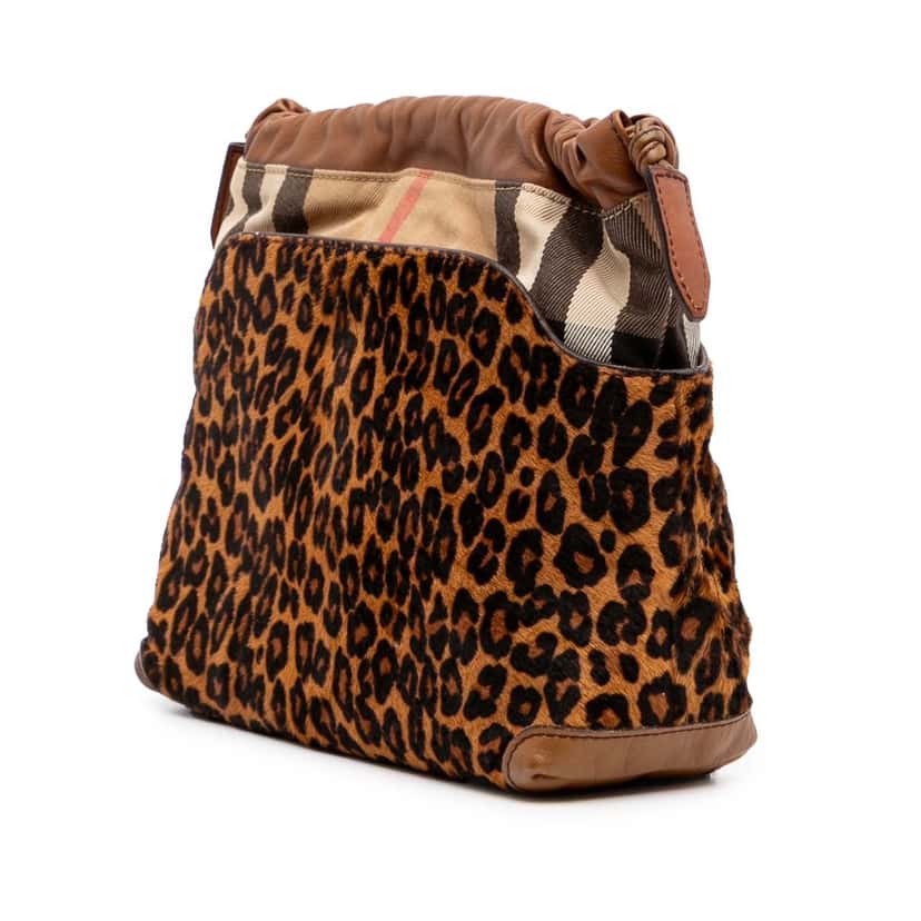 Burberry Leopard Print Pony Hair and House Check Canvas Little Crush Crossbody Brown Good condition - Back View