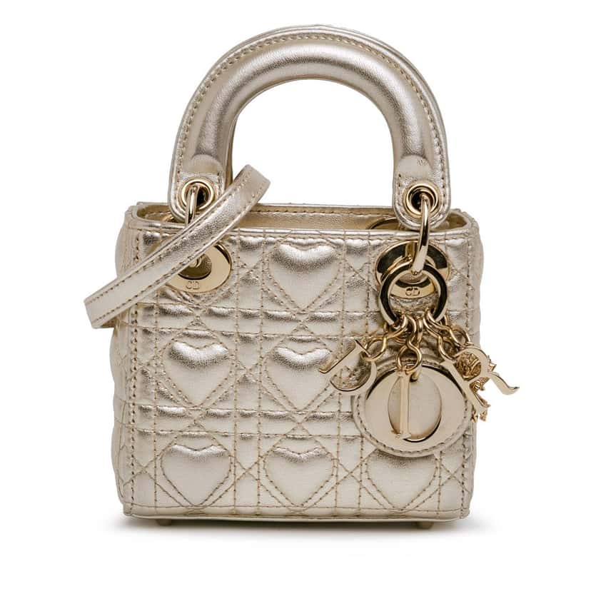 Dior Dioramour Mini Metallic Calfskin Cannage Lady Dior Gold Leather Good condition - Front View