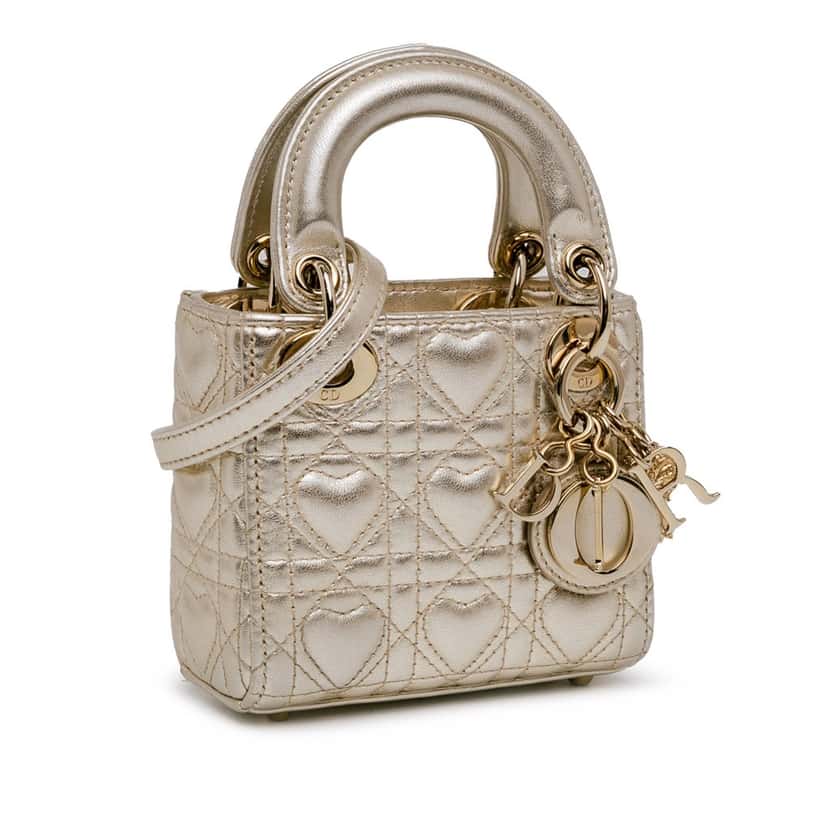 Dior Dioramour Mini Metallic Calfskin Cannage Lady Dior Gold Leather Good condition - Back View