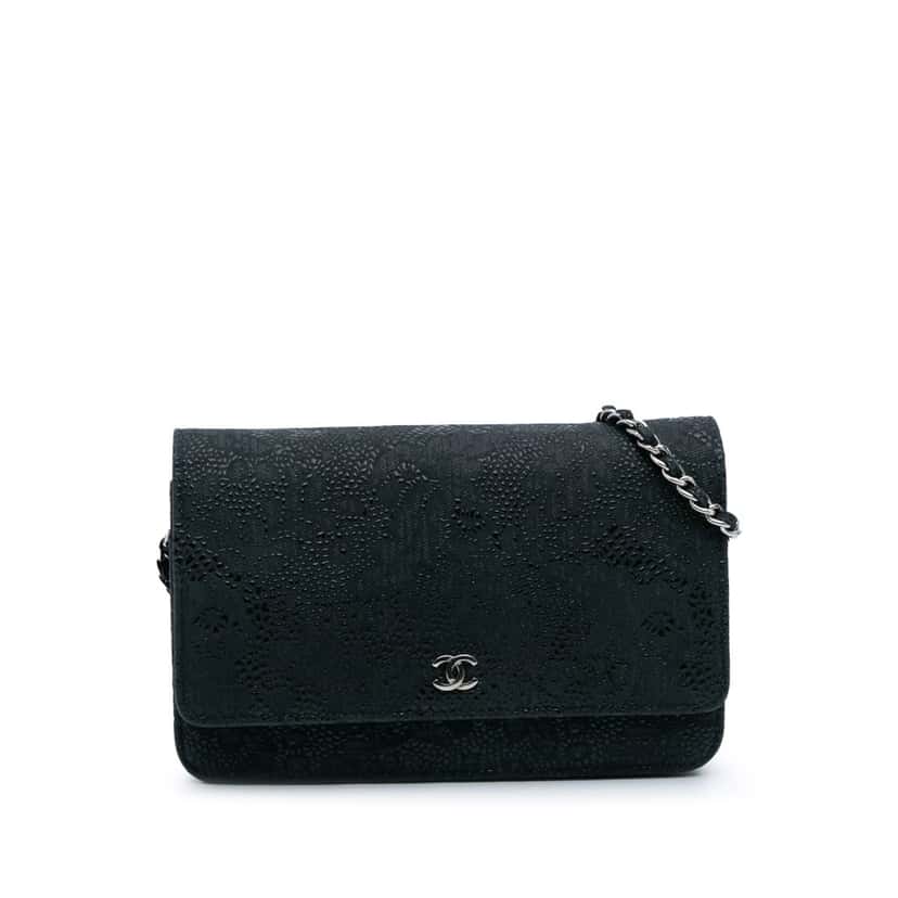 Chanel Lace Overlay Goatskin Wallet On Chain Blue Leather Good condition - Front View