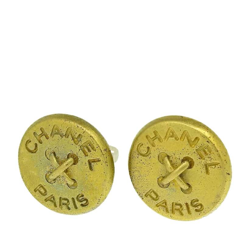 Chanel Gold Plated Logo Round Button Clip On Earrings Gold Metal Good condition - Back View