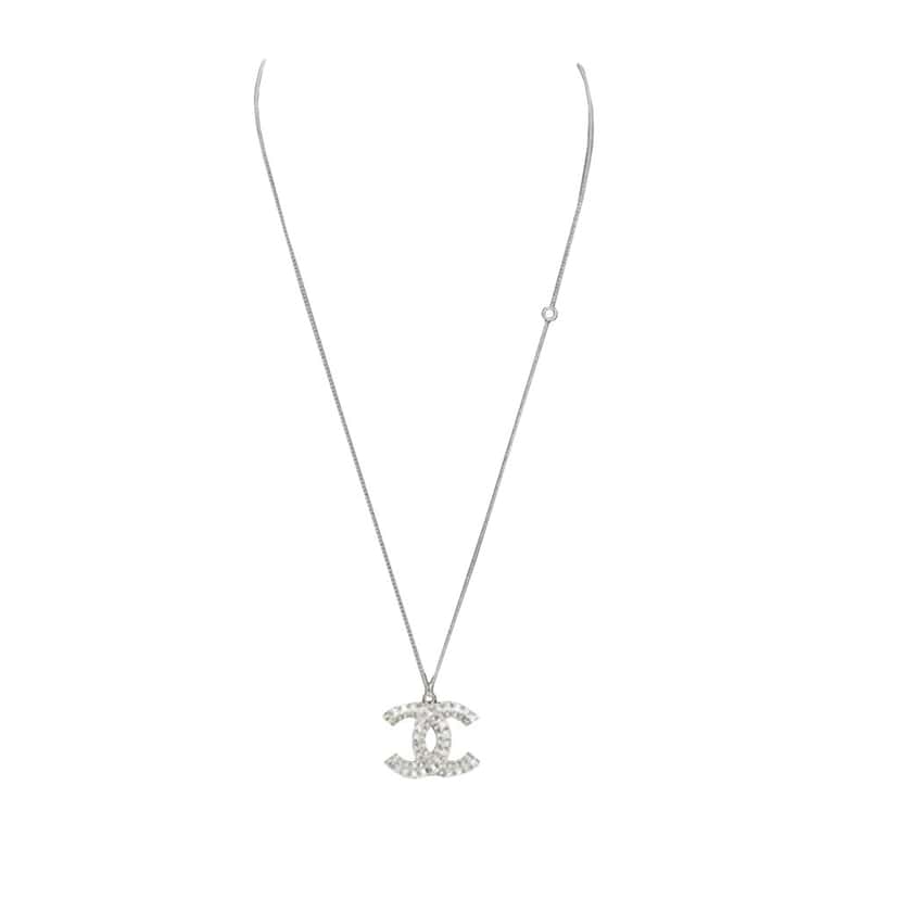 Chanel CC Silver Plated Rhinestones Pendant Necklace Silver Silver Good condition - Front View