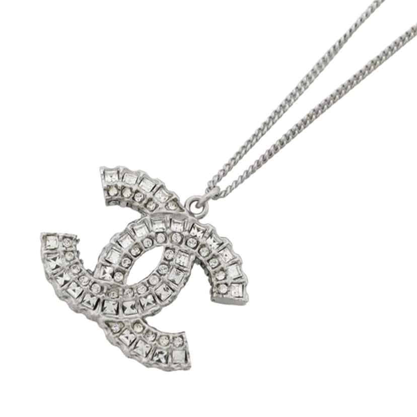 Chanel CC Silver Plated Rhinestones Pendant Necklace Silver Silver Good condition - Back View