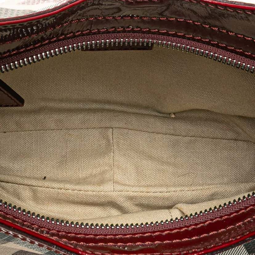 Burberry Patent Trimmed House Check Canvas Hearts Shoulder Bag Brown Canvas Good condition - Model View