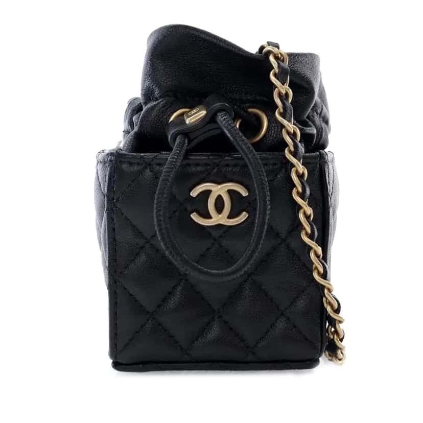 Chanel Mini Quilted Calfskin Drawstring Bucket Bag Black Leather Good condition - Front View