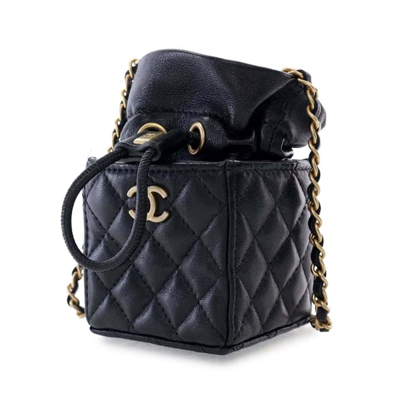 Chanel Mini Quilted Calfskin Drawstring Bucket Bag Black Leather Good condition - Back View